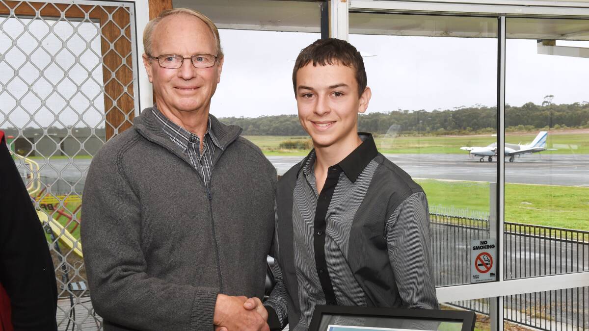 Chris Gobel presents the Anthony Gobel Flying Scholarship. Picture: PETER WEAVING