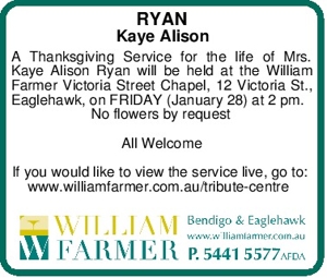 RYAN
Kaye Alison
A Thanksgiving Service for the life of Mrs. K