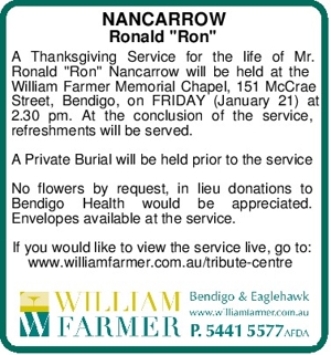 NANCARROW
Ronald "Ron"
A Thanksgiving Service for the life of 