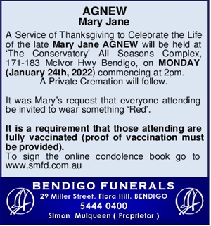 AGNEW
Mary Jane
A Service of Thanksgiving to Celebrate the Lif