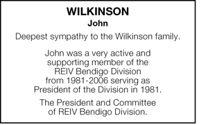Wilkinson 
John 
Deepest sympathy to the Wilkinson family.
 Jo