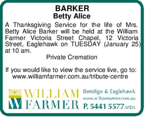 BARKER
Betty Alice
A Thanksgiving Service for the life of Mrs.