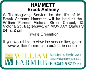 HAMMETT
Brook Anthony
A Thanksgiving Service for the life of M