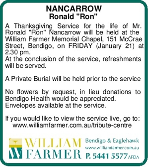 NANCARROW
Ronald "Ron"
A Thanksgiving Service for the life of 