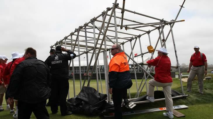 Play suspended ... TV scaffolding collapses on the 18th hole.