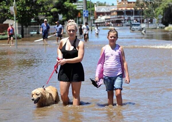 FLOODED: Rochester residents Maddy Chartens (with Ruby) and Ebony Moran in the CBD to check out the floodwater.
