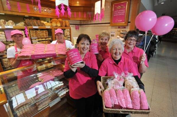 CAMPAIGNING: Bakers Delight staff Robyn Braszell and Kerry Pietromonaco with Cassia Ladies breast cancer support group members Maree West, Rhonda Ross, Ronnie Martin and Margaret Honeybone.  Picture: Jim Aldersey