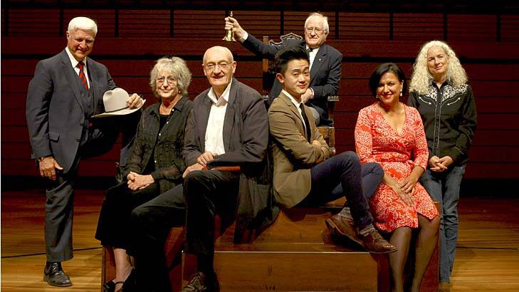 Bible bash ... the combatants in yesterday's Brisbane Writers Festival Freat Debate, adjudicated by Roland Sussex at QPAC. Bob Katter, Germaine Greer, Richard Holloway, Benjamin Law, Jacqui Payne and Rachel Sommerville.