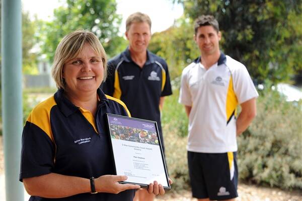 HONOURED: Pam Dawkins with AASC regional co-ordinators Drew Cathcart and Jared Keely. Picture: JIM ALDERSEY