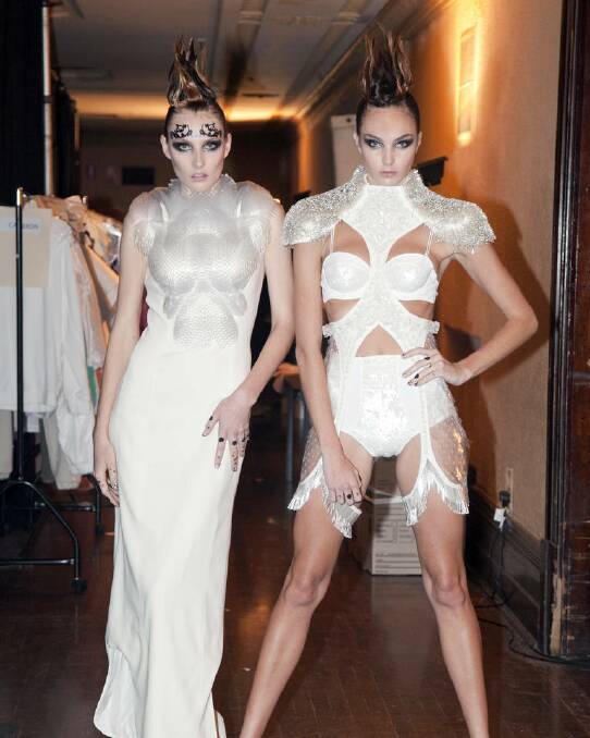 White out: Olivia Thornton (left) and Hannah Saul, both wearing designs by Natasha Fagg at the Melbourne Spring Fashion Week RMIT student runway.