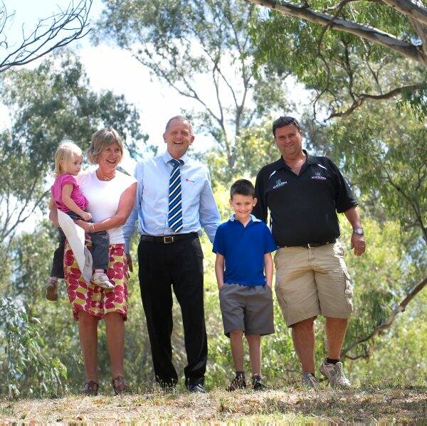 support: St Monica’s principal Joan Coldwell with Krystal Bird, 3, Geoff Bowyer of Kangaroo Flat Community Enterprise, St Monica’s student Ethan, 7, and Mick Mulqueen, of Kangaroo Flat Swimming Club, want a 50-metre pool to be built.Picture: Peter Weaving