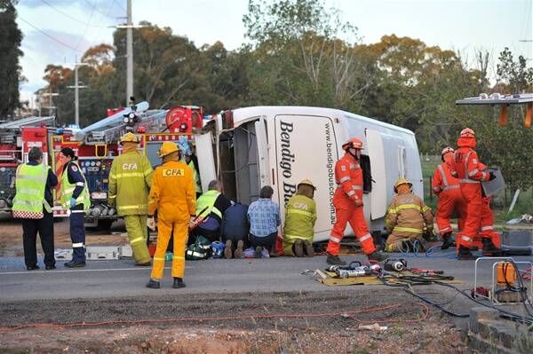 Injuries: 14 people were hurt when a bus and a car collided at the intersection of Monsants Road and the Calder Highway.