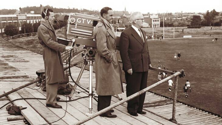Tony Charlton on the roof of Victoria Park in 1957, preparing to call a match for GTV9.
