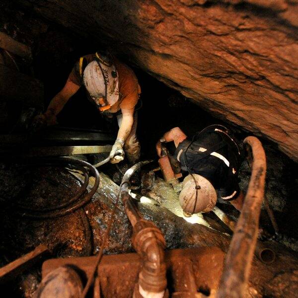 HARD WORK: Miners Steve Burchell and Steve Johns at the bottom of the Avoca mine shaft.