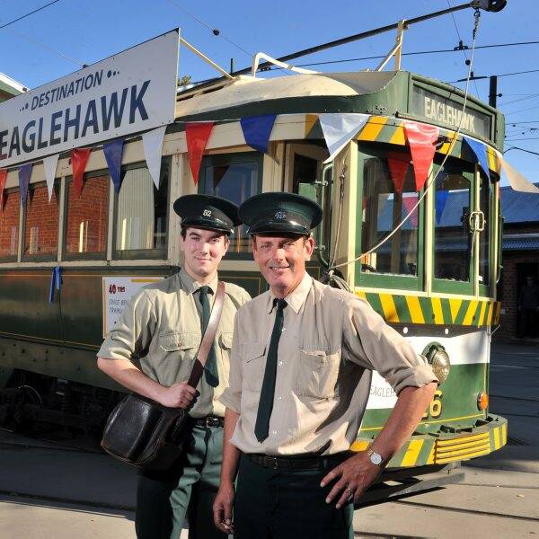Driving force: Conductor Jospeh Gould and driver Stephen Kirkpatrick with the No. 26 tram.  Picture: Jim Aldersey