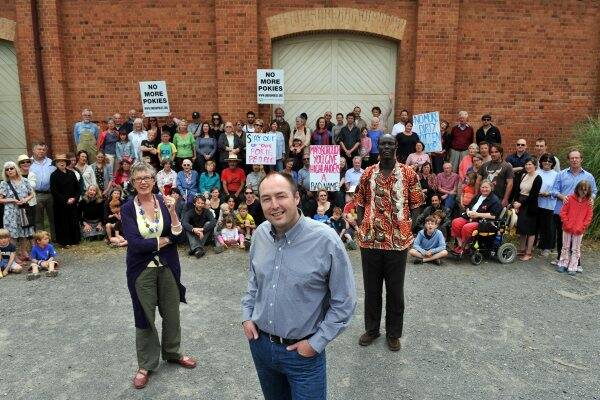 PROTEST: EPIC founder Prue Cole and president David Stretch with supporters at Castlemaine’s Railway Goods Shed during a rally earlier this year.