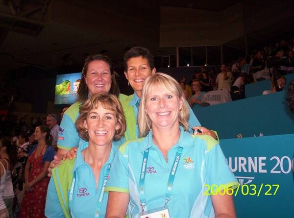 COURTSIDE: Shelley Haynes, front right, with her fellow netball officials at the Commonwealth Games in Melbourne.