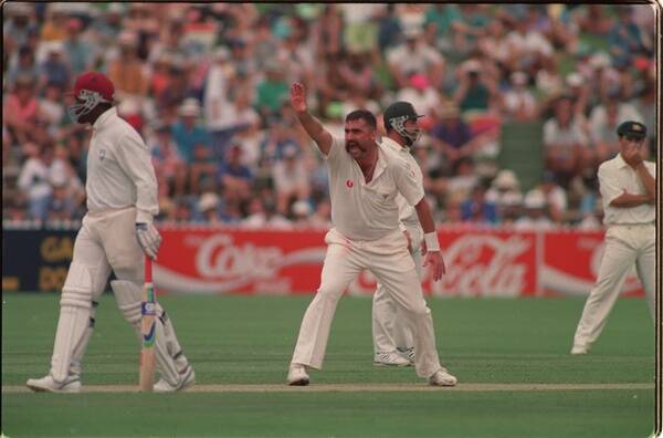IN HIS PRIME: Merv Hughes appeals for the wicket of Richie Richardson.