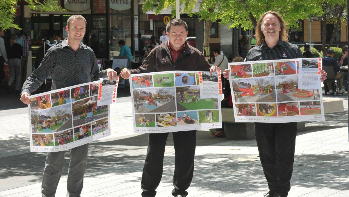 CHOICE: City of Greater Bendigo acting manager of recreation Lincoln Fitzgerald, team leader for natural and passive reserves Orrin Hogan and landscape architect, public space design, Gary Lantzsch with their playground designs. Picture: JODIE DONNELLAN 