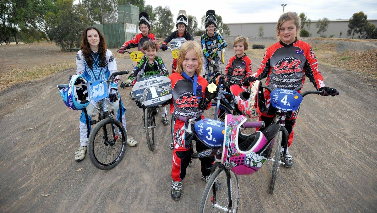 Fearless: Riders, back row, Kailen O’Grady, Will Oilver and Jed Seipolt; middle, Esther Woodward, Sammy O’Grady, Tom Meharry and Meleia Hobbs; front, Rhian Hobbs, competed at the BMX Victoria Open State Championships at the weekend. Picture: Jodie Donnellan