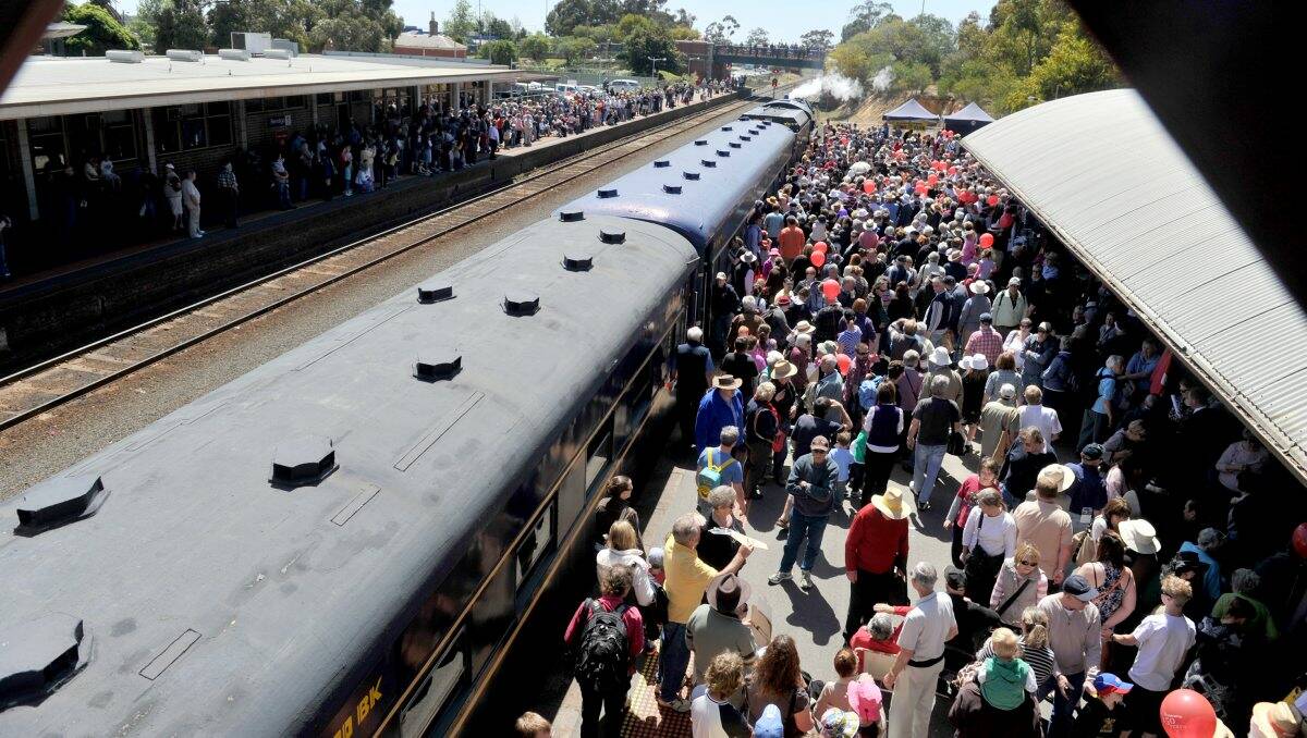 SPECTACLE: Huge crowds gathered at the Bendigo Railway Station for yesterday’s 150th anniversary celebrations. Picture: Julie Hough