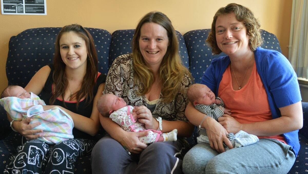 BUNDLES OF JOY: Sharni Marshall with Jacobie, Kym Gahan with Eliza and Prue Day with Elizabeth. Picture: BRENDAN McCARTHY