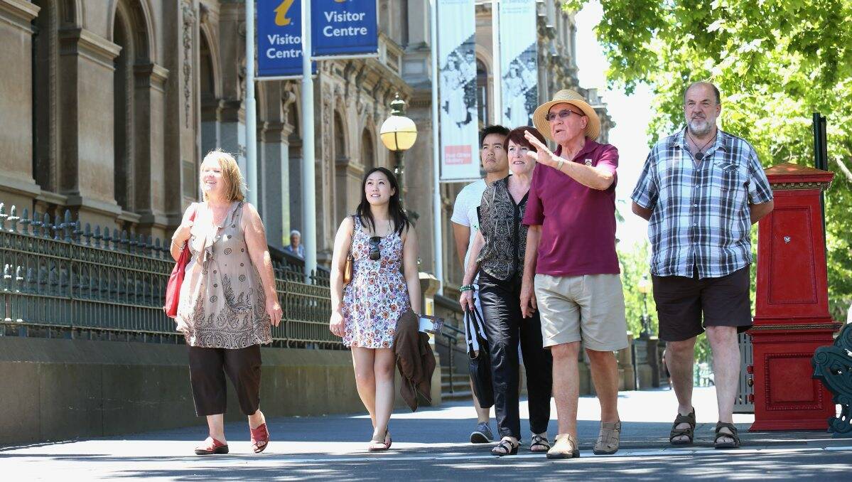 EXPLORE: Jim Evans, wearing hat, guides, from left, local Helen Griffin, Clara Lee and Ray Phung, from Melbourne, and Helen’s sister Margaret and her husband Alan Humphreys, from Brisbane. Picture: Peter Weaving