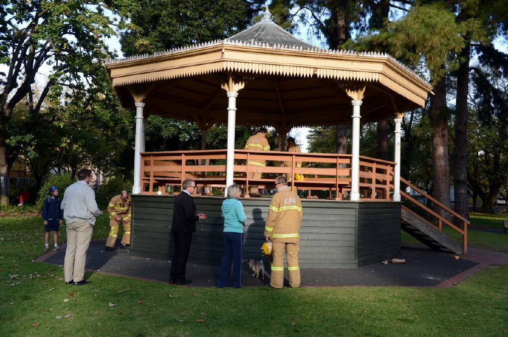 Two CFA trucks were called to Rosalind Park where a fire was spotted on the rotunda decking. The fire had been contained by the time they arrived. Pictures: Jim Aldersey