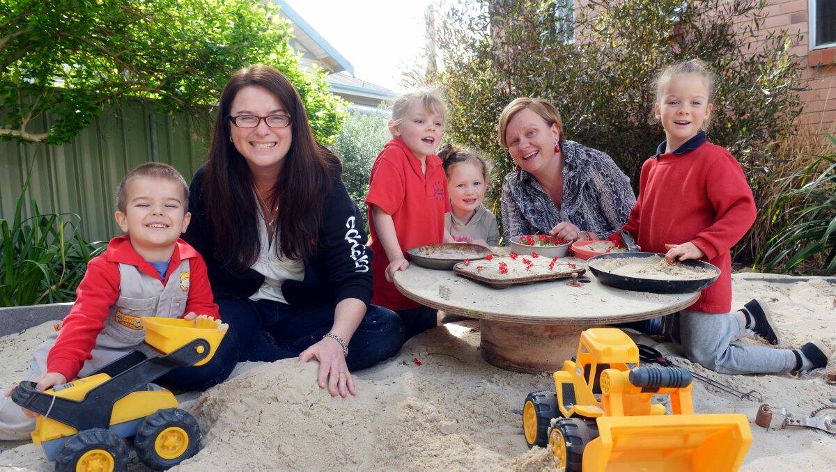 MILESTONE: Rory Hayes, assistant Ali Bullen, Della Czuczman, Madalyn Nihill, director Anne Luke and Tess Donnelly are looking forward to celebrating Elmore and District Preschool’s 40th birthday on Sunday. Picture: BRENDAN McCARTHY