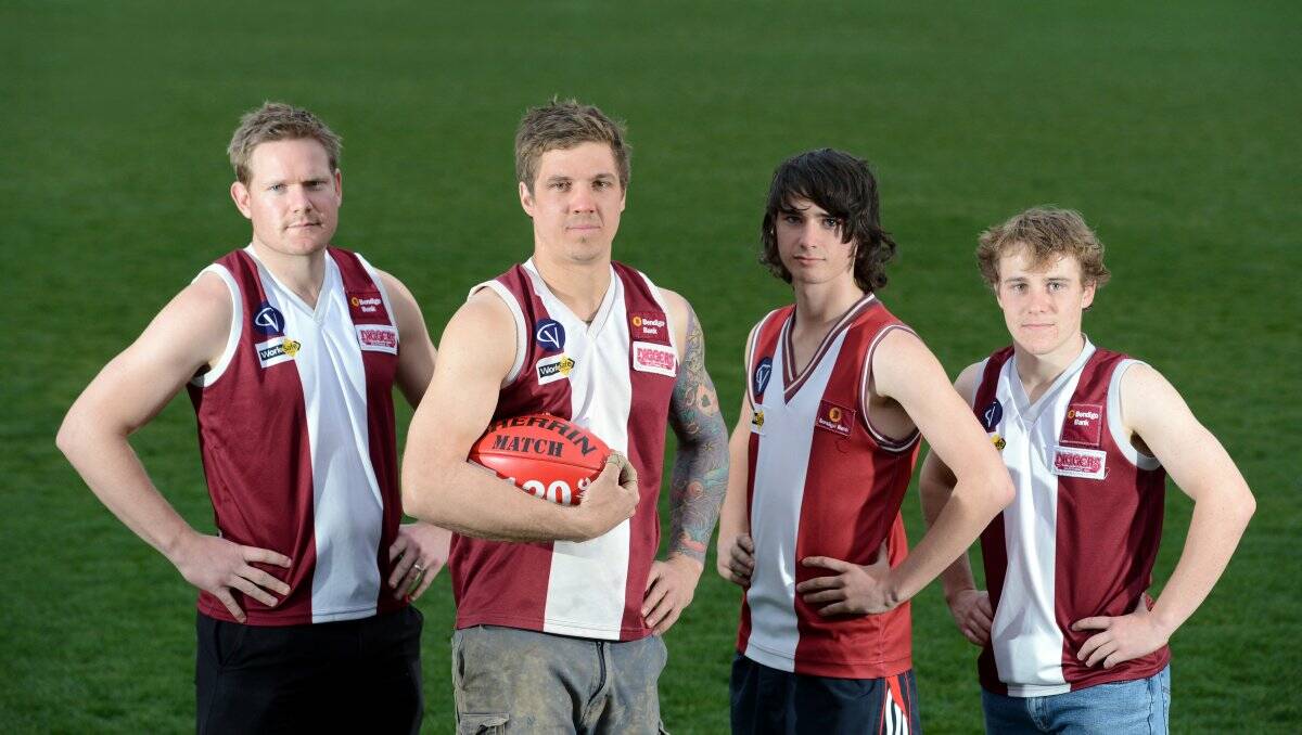 READY TO RUMBLE: Newbridge captains Daniel Holland (reserves), Jeremy Mills (seniors) and Dylan Burt and Owen Friswell (under-17s) will lead their teams on Loddon Valley Football League grand final day at Inglewood tomorrow. Picture: JIM ALDERSEY