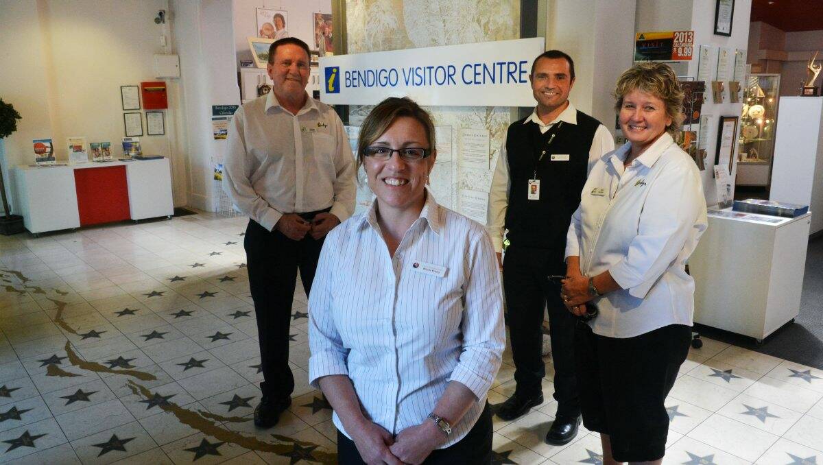 WELCOME: Bendigo Visitor Centre staff members Shane O’Donoghue, Nicole Pretty, George Filev and Sue Bennett. Picture: BRENDAN McCARTHY