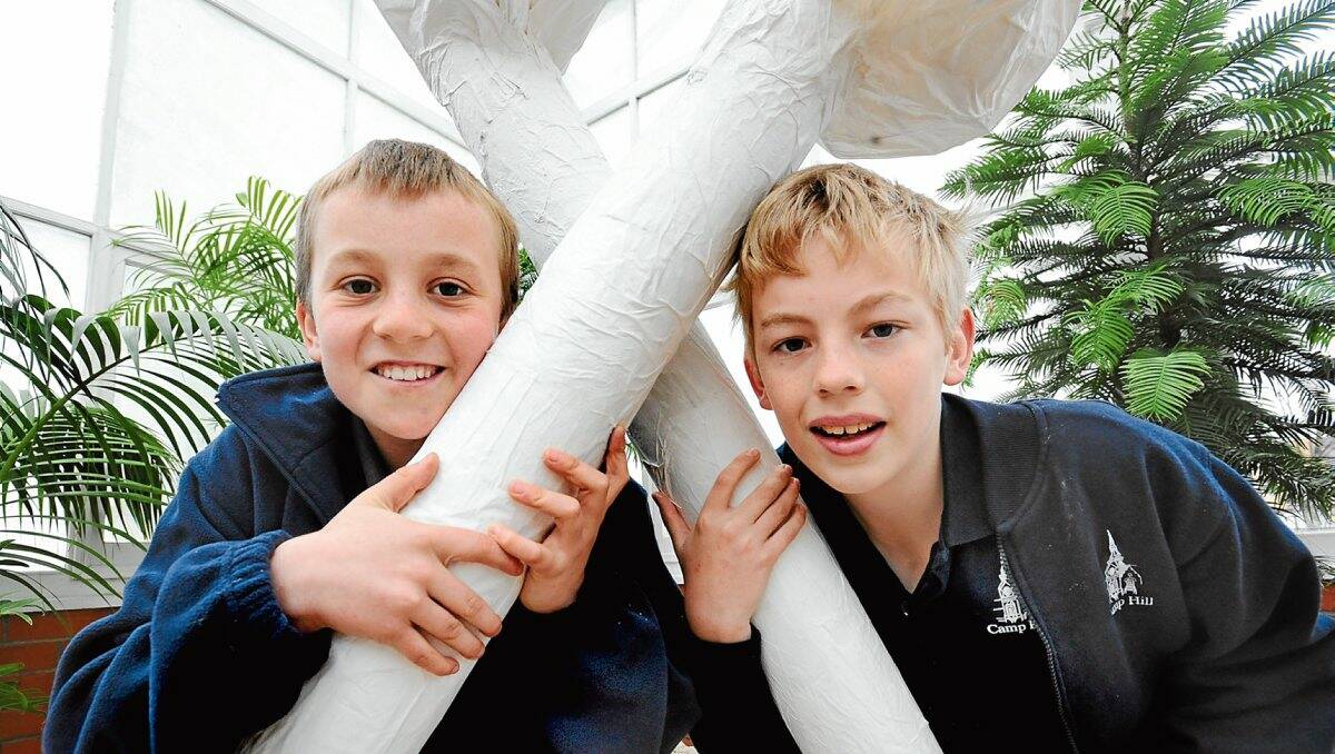 Unearthed: Will Bardsley, 10, and Hayden Forsyth, 12, with some papier mache dinosaur bones. Picture: Jodie Donnellan