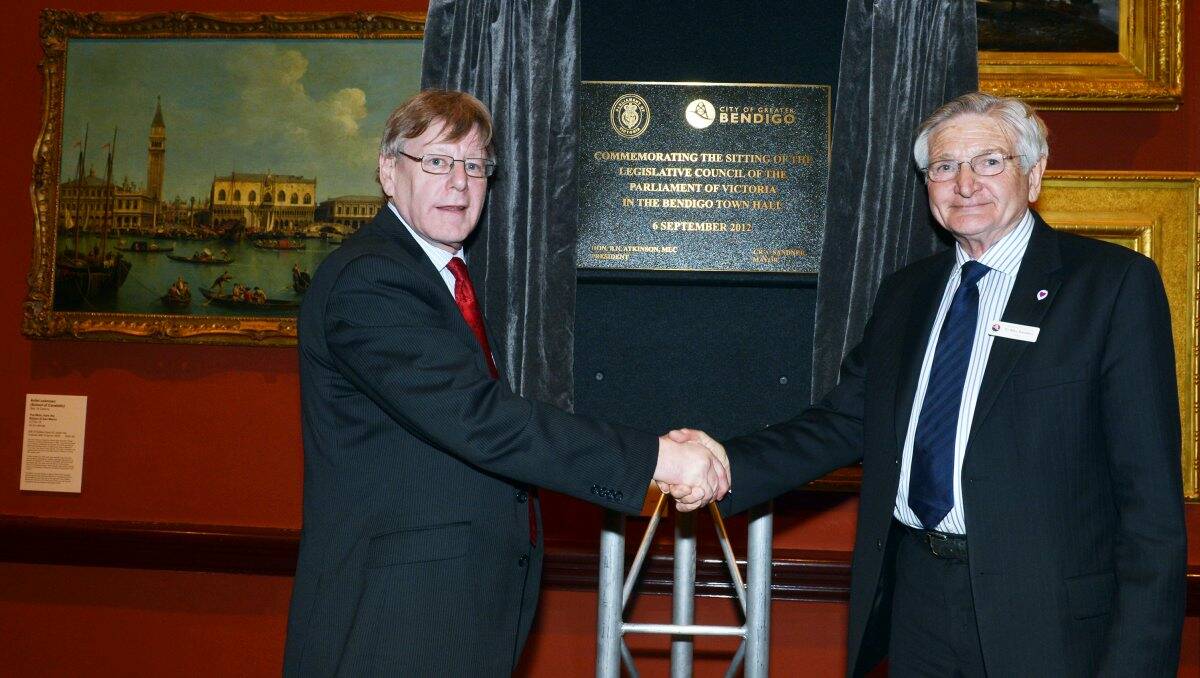 GREETING: Legislative Council president Bruce Atkinson is welcomed to Bendigo by mayor Alec Sandner, who unveiled a commemorative plaque to signify the sitting of parliament in the regional city.