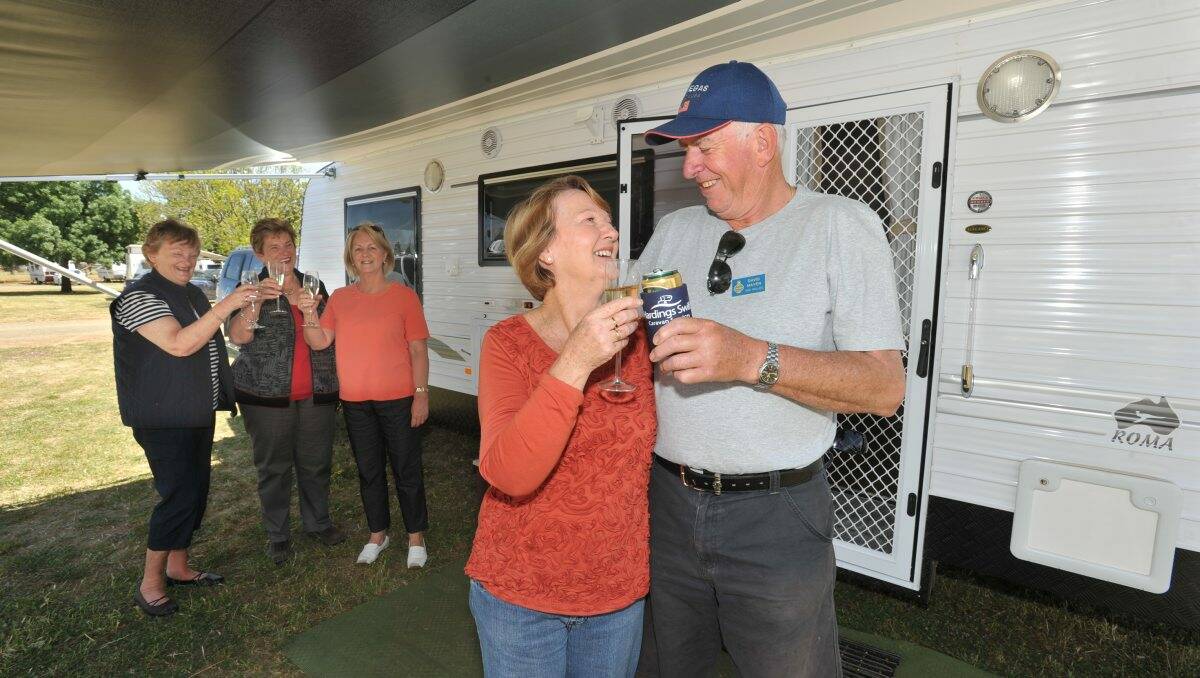 REGULARS: Long-standing RACV Caravan Club members Pat and David Mayer make a toast to their new caravan with friends Pat Schulties, Dawn Anderson and Wendy Wheatley. Picture: JODIE DONNELLAN