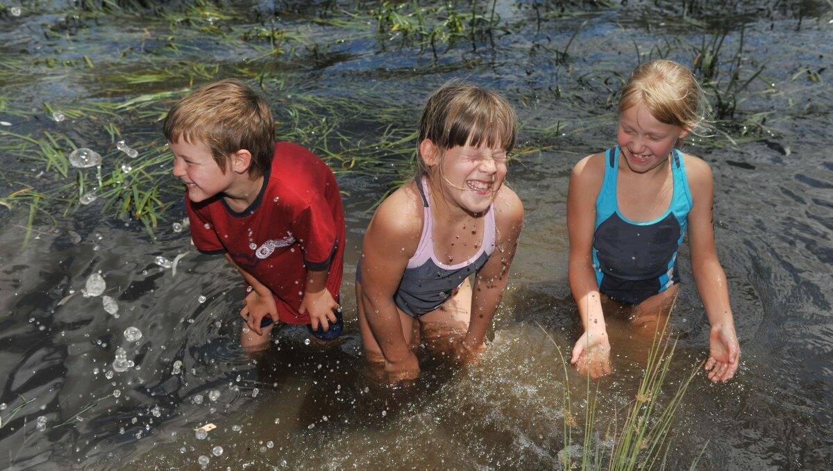 Cooling off: Nicholas Webb from Swan Hill met his Melbourne cousins Amelia and Alice Webb for a day of fun at Bridgewater yesterday, including a swim in the Loddon River. Picture: Julie Hough