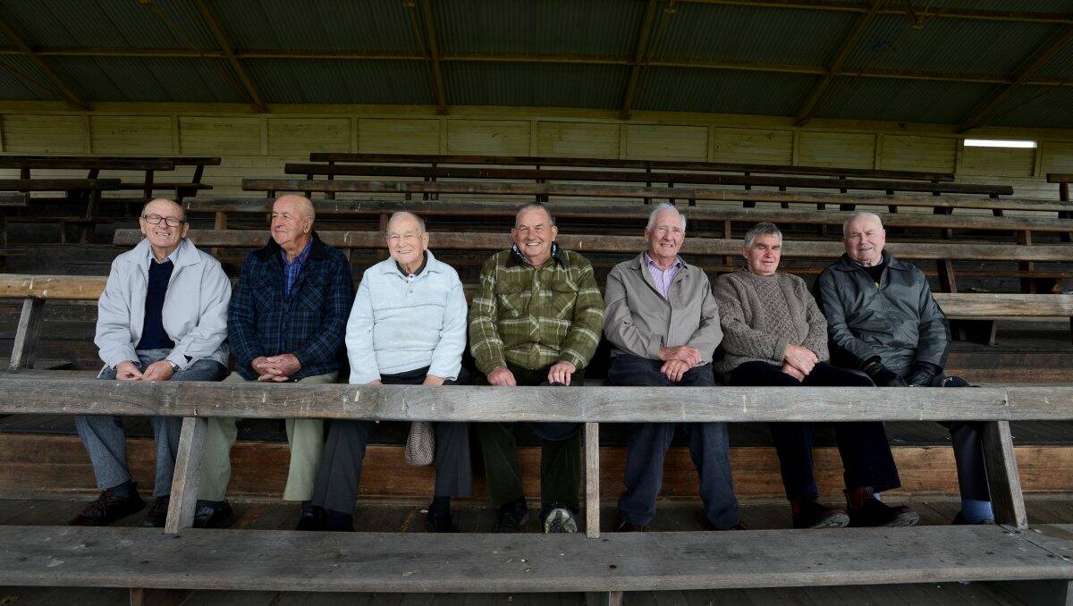 Members of Eaglehawk's 1953 premiership team - Kevin Smith, Peter Crawford, Dick Boyd Bob Clough, Basil Ashman, George Ilsley and Keith Grabasch in the Canterbury Park grandstand.