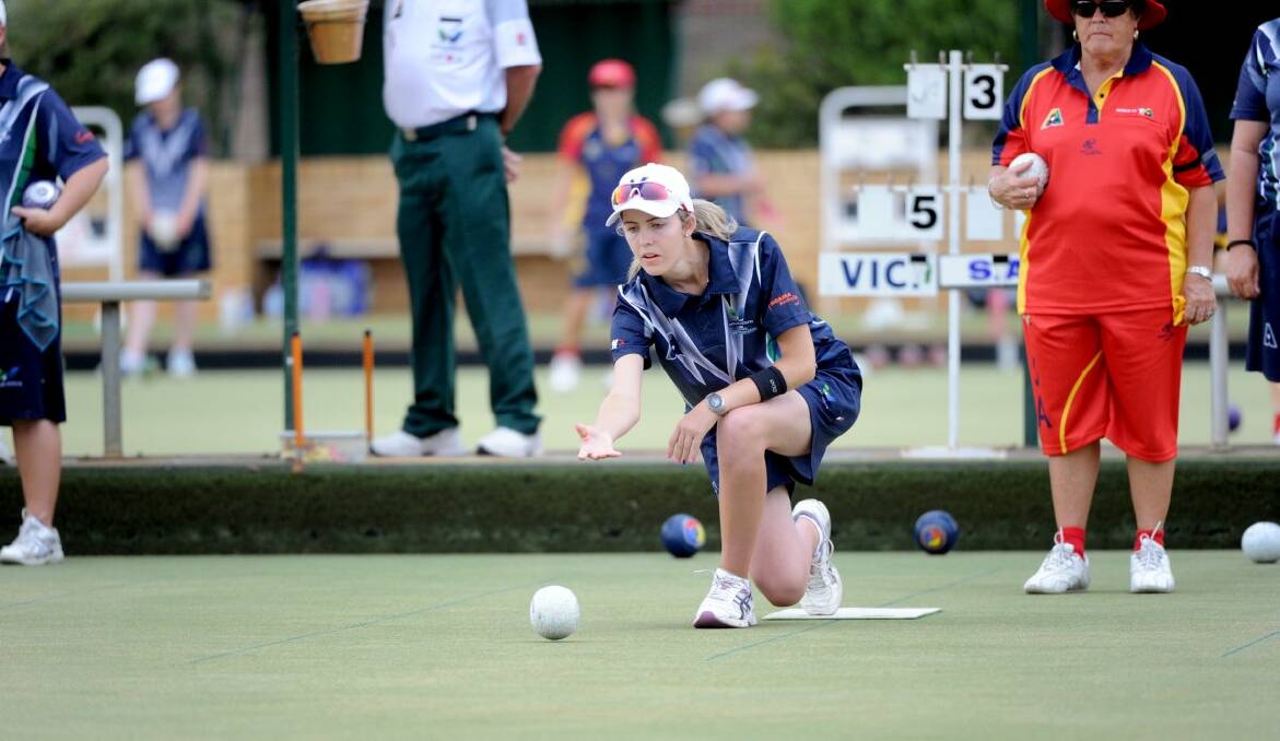EXCITING TALENT: Kyneton's Chloe Stewart bowls for Victoria in yesterday's Test series action at Bendigo Bowls Club. Picture: JODIE DONNELLAN