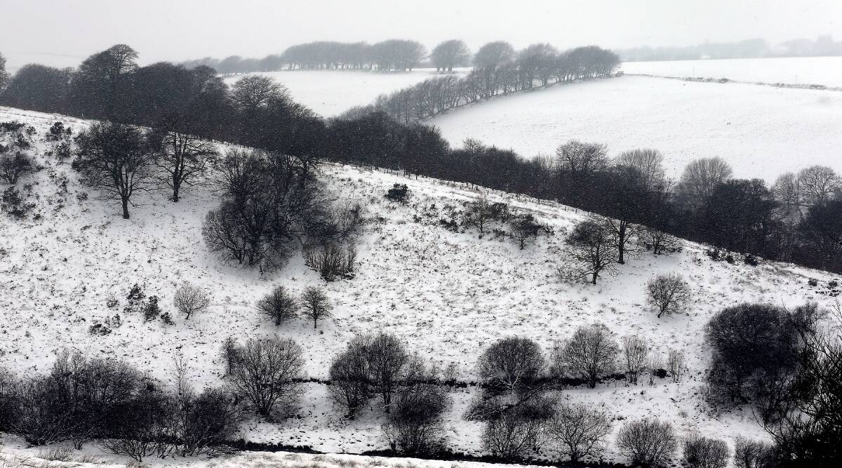 Snow falls in Exford in Exmoor, England. Photo by Matt Cardy/Getty Images