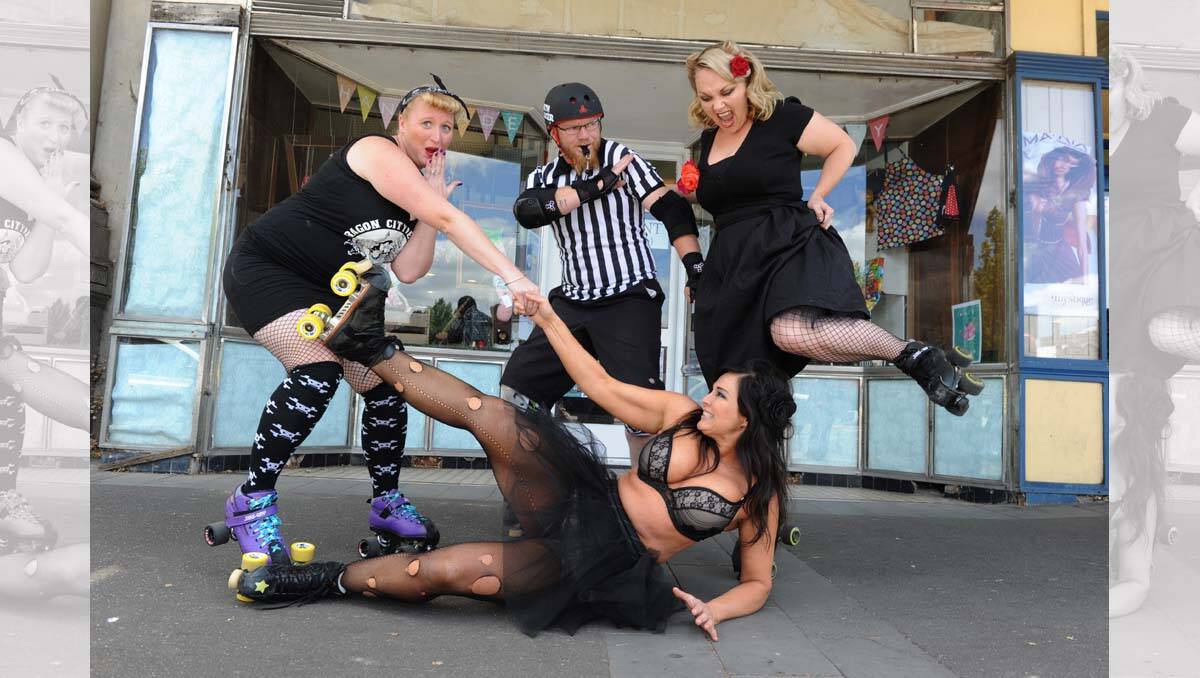 Double D-mon, Voluptacon, Mighty Minxxx and Darth Lager in a promo for a Roller Derby calendar. Picture: Peter Weaving