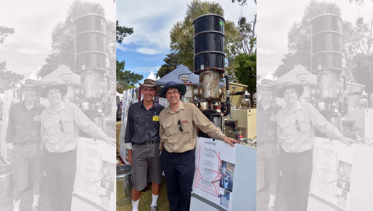 GREEN: Central Goldfields Sustainability Group’s Brian Park and Ararat Rural City natural resources officer Daryl Scherger are pictured with the gasifier at Maryborough’s Energy Breakthrough event last year. Picture: Brendan McCarthy