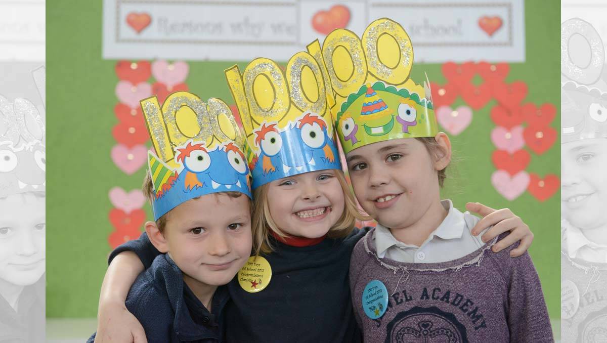Declan Taylor, Charlotte Lethlean and Mia Anfuso from California Gully Primary School celebrate 100 days at school as prep students.  Picture: Jim Aldersey