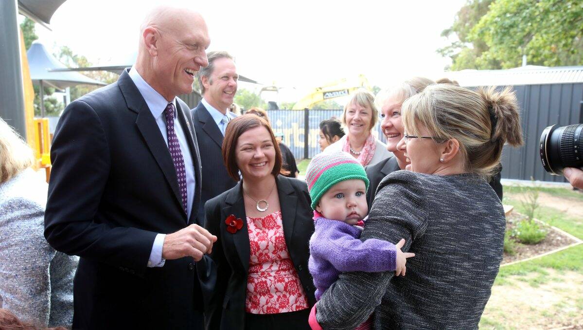 Jacinta Allan is pictured with her baby Peggy, Minister for School Education, Early Childhood and Youth Peter Garrett and federal Labor candidate for Bendigo Lisa Chesters at the opening of Lightning Reef Primary School in April. Picture: Peter Weaving