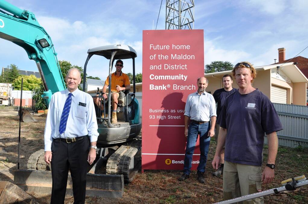 Maldon and District Community Bank manager Steve Streeter, excavator operator Jarrod Honebone, Maldon and District Community Bank chairman Ron Snep, estimator Josh Gill and project manager Dugald Campbell at the new bank's site.