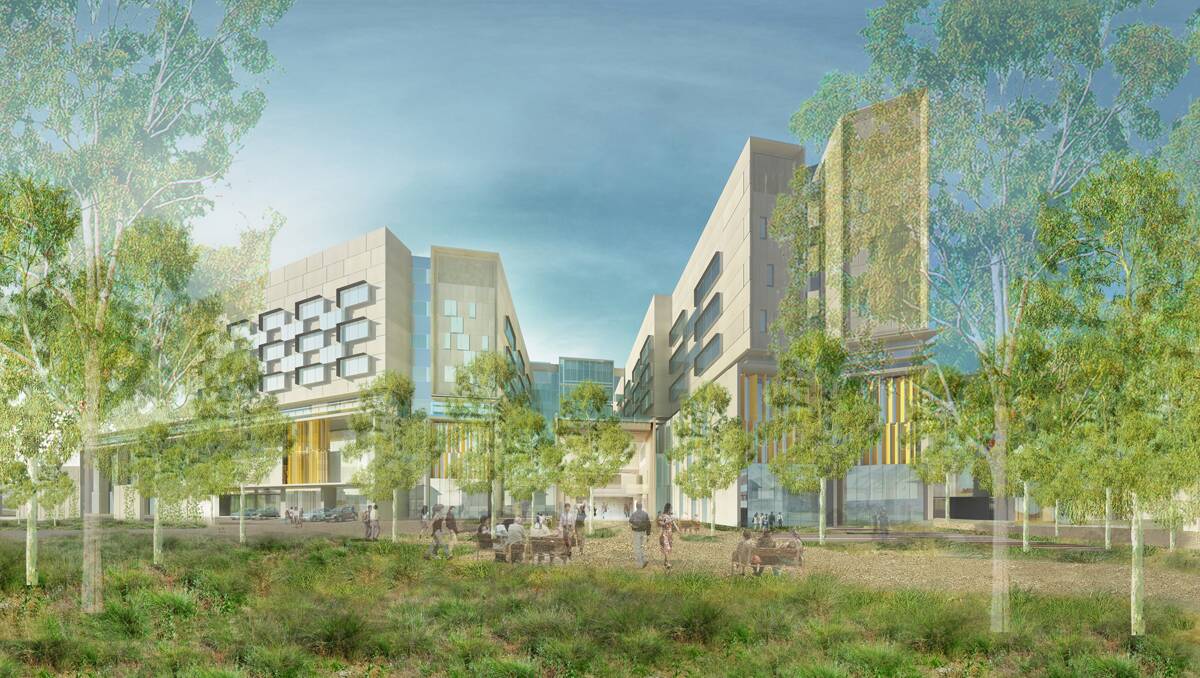 An artist impression of the new Bendigo Hospital. Drought Street entrance one. Picture: Supplied