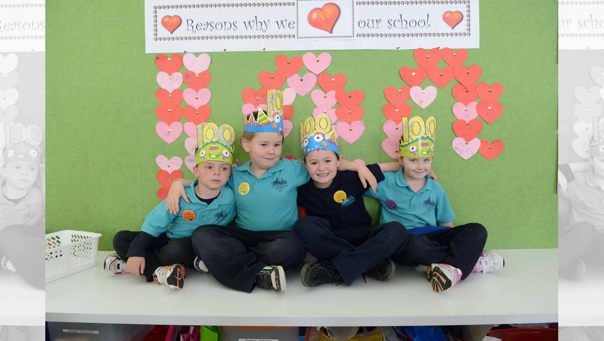 Mason Fullerton, Jacoby Ah-Dore, Oscar Guilmartin and Jemma Gordon from California Gully Primary School celebrate 100 days at school as prep students.  Picture: Jim Aldersey