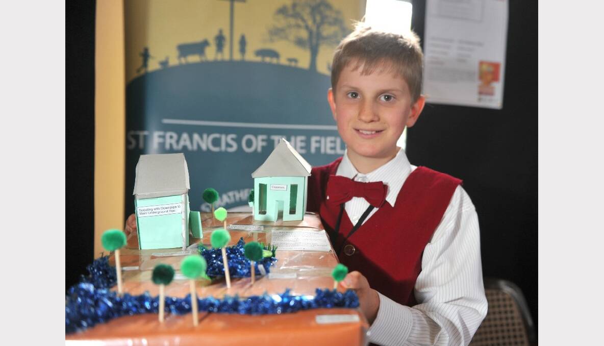 Bendigo Inventor Awards. Primary school winner Kieran Murphy with his invention 'Water Conservation Pipes'. Picture: Jodie Donnellan