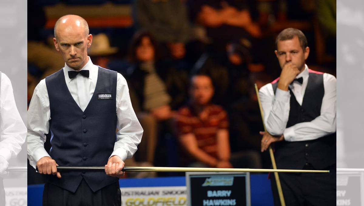 Peter Ebdon and Barry Hawkins during the Australian Snooker Goldfields Open final. Picture: Brendan McCarthy