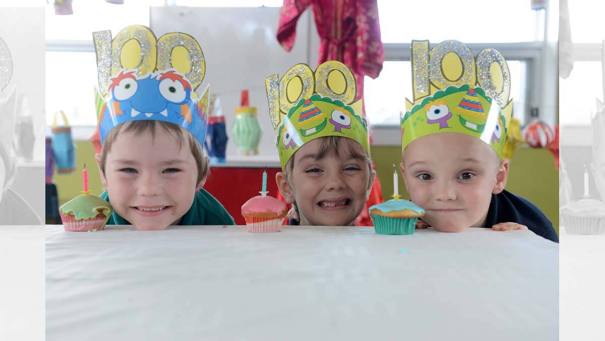 Tai Wedemann, Liam Castleton and Bailey Bolitho from California Gully Primary School celebrate 100 days at school as prep students.  Picture: Jim Aldersey
