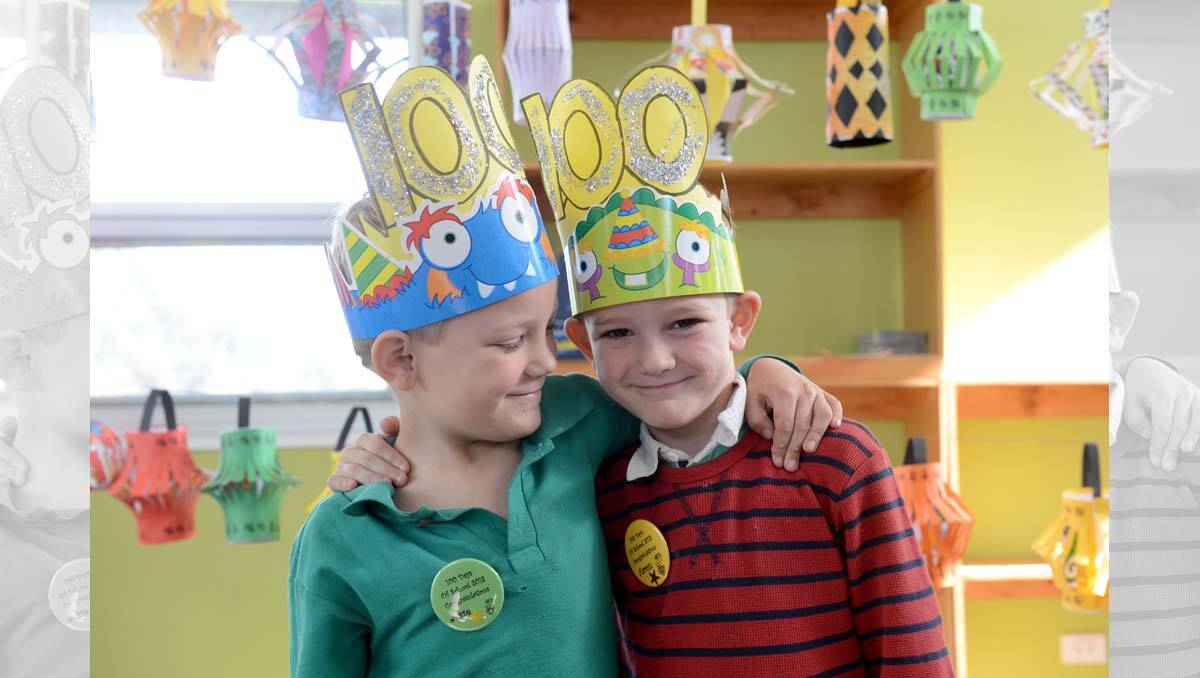 Jesse Barry and Aaron Barry from California Gully Primary School celebrate 100 days at school as prep students.  Picture: Jim Aldersey