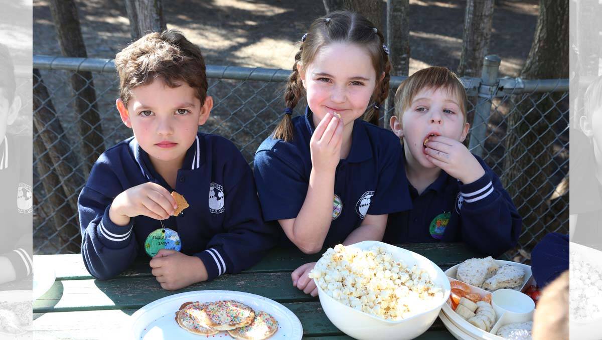 Strathfieldsaye Primary Preps celebrate 100 days of school. Coby Hunter, Chloe Ralston and Josh Williamson. Picture: Peter Weaving